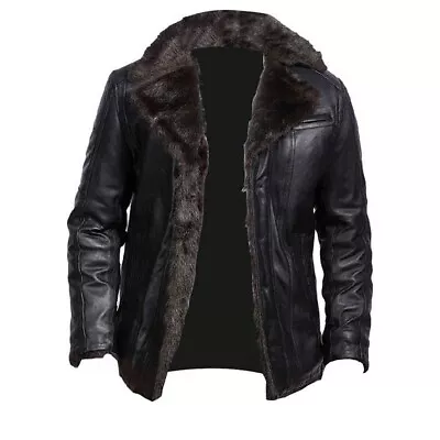 Buy Men's Aviator Real Leather Jacket Sheep Skin Black Fur Button-up Jacket Shirt • 29.99£
