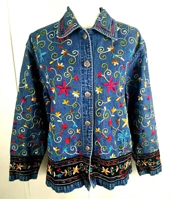 Buy Women's Embroidered Denim Jacket Boho Flowers Gypsy Hippy Chic Medium Life Style • 41.40£