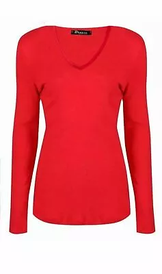 Buy Ladies Womens V Neck Long Sleeve Plain Slim Fit Basic Top Stretchy T-Shirt 8-26 • 5.99£