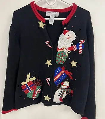 Buy Ugly Christmas Sweater Heirloom Collectibles Santa Black Cardigan Medium • 14.47£