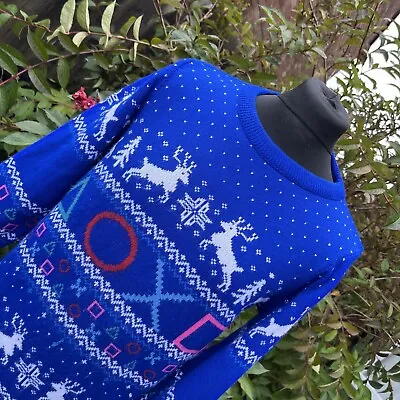 Buy Sony Playstation Navy Blue Christmas Jumper Xmas Knit Reindeer Numskull M • 29.99£