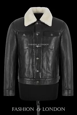 Buy Mens Truckers Black Napa Leather Jacket Sheepskin Collar Casual Denim Look 9429 • 126.72£