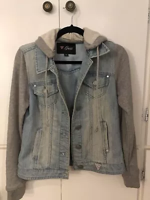 Buy Women’s Guess Jean Jacket With Sweatshirt Arms And Hood Size Medium • 31.80£