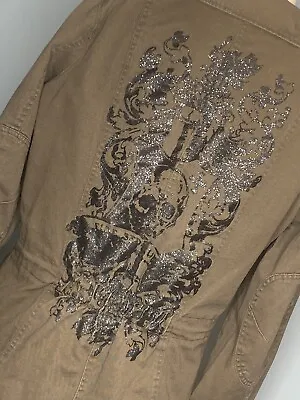 Buy Yag Couture Military Style Utility Jacket Lined Black Glitter Skulls Size L Boho • 30.88£