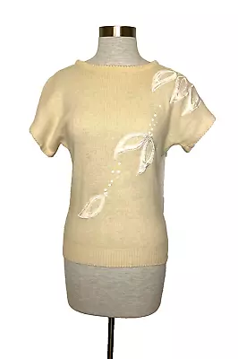 Buy Vintage 80's Bianca Ivory Embellished Short Sleev Sweater Lambswool Angora Small • 24.32£