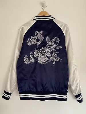 Buy American Stitch Varsity Jacket Koi Embroidered Navy White Medium • 35£