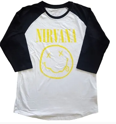 Buy Nirvana T Shirt Yellow Smiley Band Logo Official Unisex White 3/4 Sleeve Raglan • 14.97£