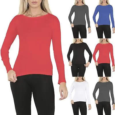 Buy Womens Plain Long Sleeve Tees Ladies Stretchy Ribbed Casual T Shirt Basic Tee • 1.99£