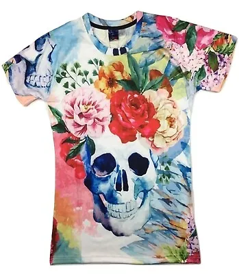 Buy Skull And Flowers Colourful T-Shirt Printed Tie Dye Cool Graffiti Skulls Floral • 10.99£