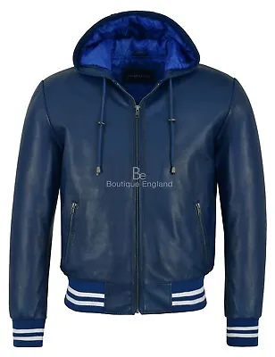 Buy Men's Real Leather Jacket Baseball Hooded Blue 100% Napa Slim Fit Stylish 4486 • 129.73£