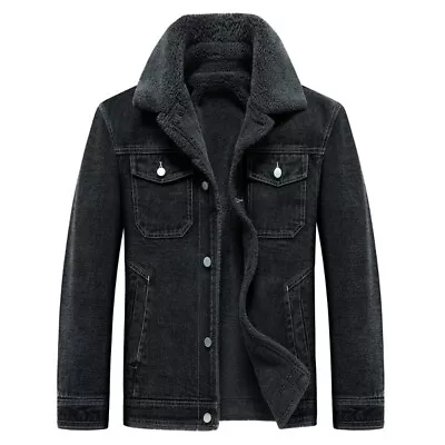 Buy Men Sherpa Fleece Lined Thicken Denim Jacket Winter Lapel Jean Trucker Coat Warm • 59.99£
