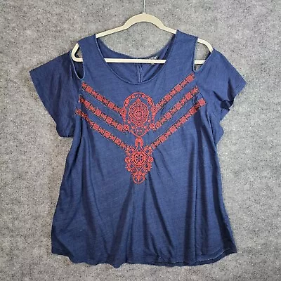 Buy Lucky Brand T Shirt Size 2X Blue Red Embroidered Cold Shoulder  • 17.04£