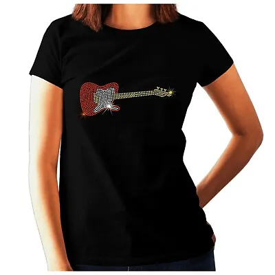 Buy Womens GUITAR Rhinestone T Shirt Rock And Roll Music Crystal Design Any Size • 11.99£