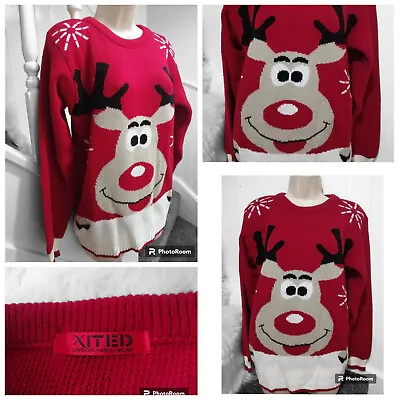 Buy Xited Rudolph Reindeer Christmas Jumper Snowflake Size Small Red White • 6.99£