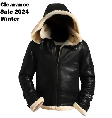 Buy B3 Mens Real Bomber Classic Faux Fur Removable Hood Genuine Leather Black Jacket • 59.01£