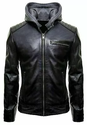 Buy New Batman Logo Men's Hood Hoodie Brando Biker Real Genuine Leather Jacket • 76£