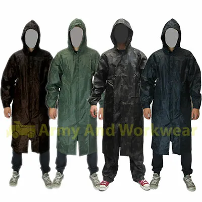 Buy Mens Waterproof LONG Rain Jacket Coat Kagoul Wet Work Army Military Fishing Mac • 9.99£