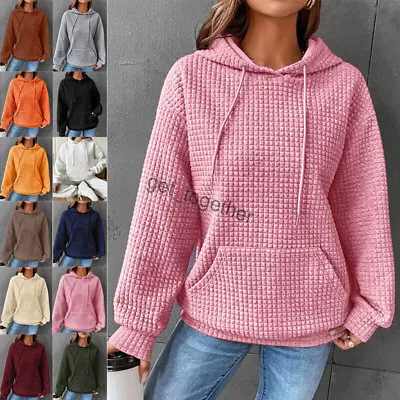 Buy Women Waffle Long Sleeve Hoodie Tops Ladies Casual Baggy Plain Hooded Sweatshirt • 16.79£