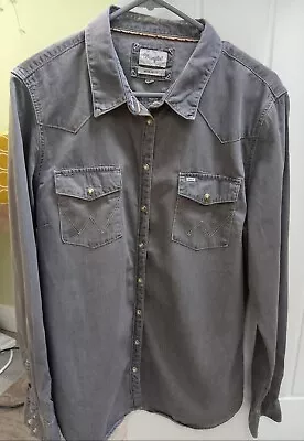 Buy Wrangler Denim Shirt Grey Regular Fit Large • 12£