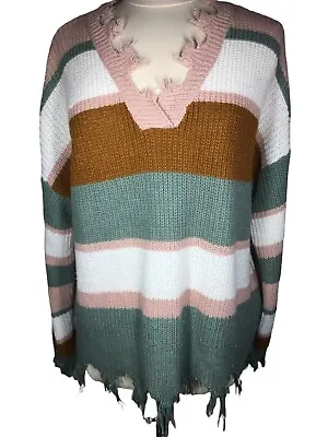 Buy Vintage Full Circle Trends 2X Womens Multi Striped Fringed Distressed Sweater • 24.51£