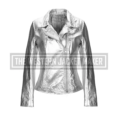 Buy Silver Leather Biker Jacket For Women, Womens Motorcycle Jackets, Get 20% Off • 134.21£