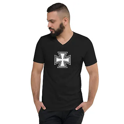 Buy Black And White Occult Biker Cross Symbol Short Sleeve V-Neck T-Shirt • 27.60£