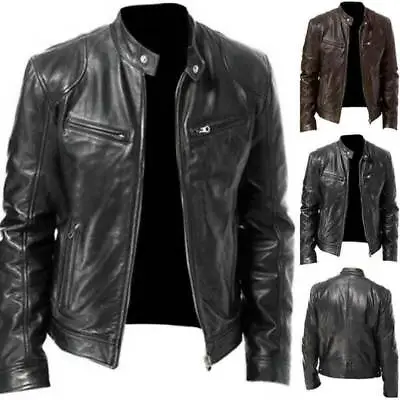 Buy Mens Faux Leather Jacket Stand Collar Motorcycle Cowhide Marlon Biker Jackets • 27.83£