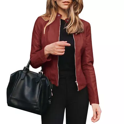 Buy Womens Biker Jacket Slim Ladies Solid Faux PU Leather Zip Formal Coat Plus Size* • 14.96£