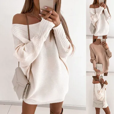 Buy Women Sexy Ribbed Mini Jumper Dress Ladies Cold Shoulder Cocktail Party Bodycon • 13.99£