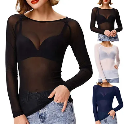 Buy Women's SHEER Mesh Top Ladies Long Sleeve Stretchy See Through T Shirt Tops UK • 2.89£