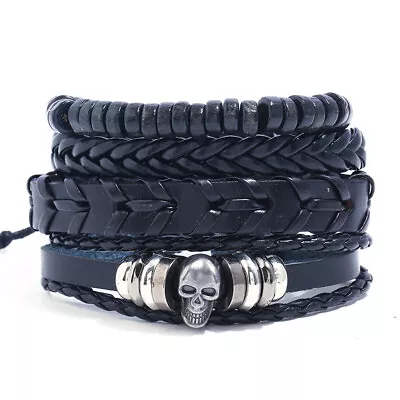 Buy Leather Bracelet Skull Black Braided Wide Wristband Cuff Women Men Punk Jewelry • 6.49£
