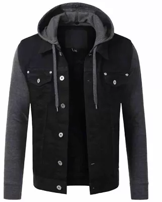 Buy HASHOOB Men's Black Denim Jacket Detachable Hood Windbreaker Stylish Design, 42” • 15.50£