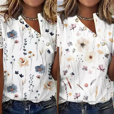 Buy Womens Floral Print Short Sleeve Tunic Tops Blouse Ladies Boho Summer T Shirts • 11.89£
