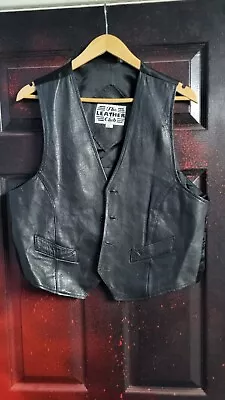 Buy Vintage Mens Black Leather Biker Waistcoat Sleeveless Jacket Size Large L • 10£