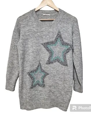 Buy TU Star Christmas Embroidered Jumper Size 8 10 12 Grey Silver Green Stretch • 13.50£