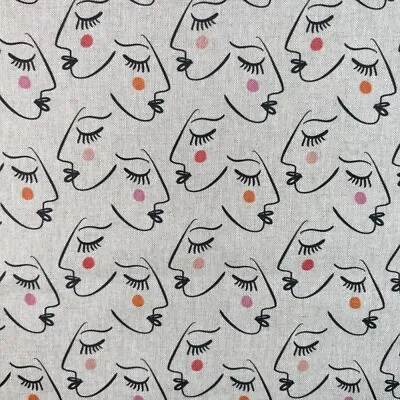 Buy Cotton Rich Linen Look Fabric Abstract Faces Line Art • 4.65£