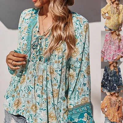 Buy Womens Boho Floral V-Neck Blouse Long Sleeve Loose T Shirts Tunic Tops Size 20 • 3.09£
