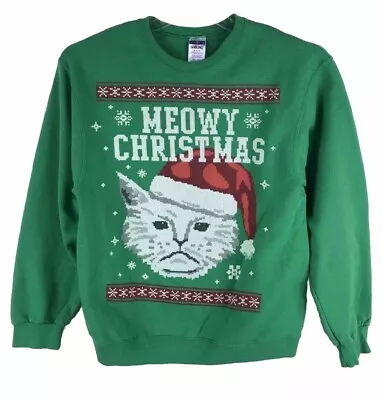 Buy Jerzees Womens Meowy Christmas Sweatshirt Green Cat Kitty Crew Neck Sz M A10 • 14.58£