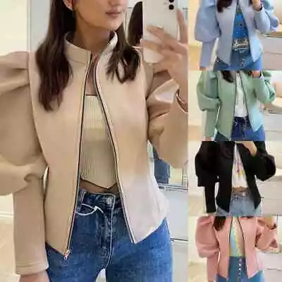 Buy Womens Bomber Jacket Puff Shoulder Long Sleeve Zip Up Jacket Ladies Blazer Top • 14.95£