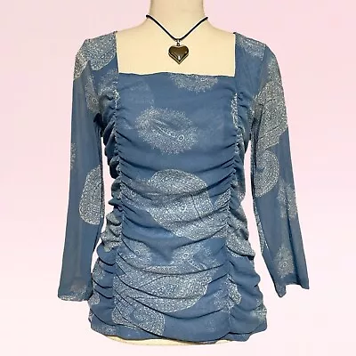 Buy Vintage Y2k Blue Mesh Fairy Coquette Boho Cyber Grunge Ruched Square-neck Top L • 23.35£