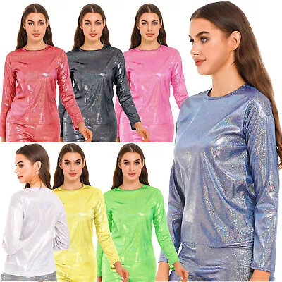 Buy Womens Metallic Shiny Long Sleeve T-Shirt Fashion Round Neck Tee Top Dance Party • 6.76£