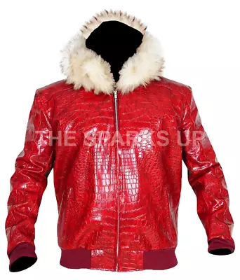 Buy Mens Red Crocodile Hooded Fur Style Casual Outerwear Bomber Faux Leather Jacket • 109.98£