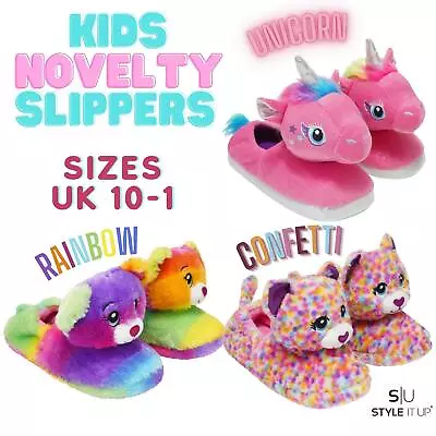 Buy Girls Kids Novelty Slippers 3D Plush Soft Cute Unicorn Rainbow Childrens Gift • 9.99£
