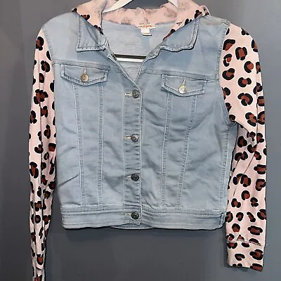 Buy Denim Hoodie Jacket With Animal Print Sleeves Sz L • 7.58£