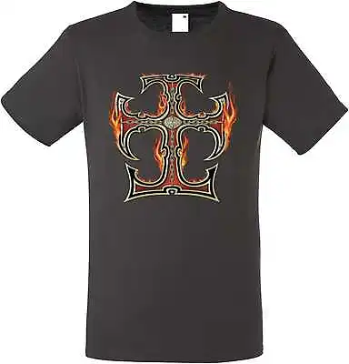 Buy T Shirt IN Graphite Tones Gothic Biker- & Tattoo Motif Model Celtic Cross Flames • 13.55£