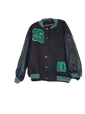 Buy New! Women's Bomber Varsity Jacket Faux Leather Sleeve Black Green  Size M • 20£