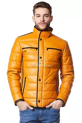 Buy Mens Yellow Quilted 100% REAL LEATHER Black Trimming Biker Jacket A-34 • 131.73£