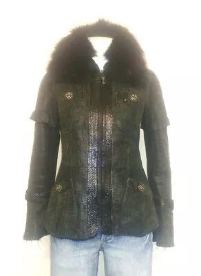 Buy Rare Gigli's Designer Crocodile Print Sheepskin Leather Jacket Real Fur Collar  • 87.75£