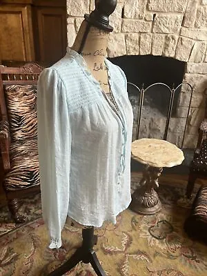 Buy Zac And Rachel Long Sleeve Blouse Soft Ice Blue Smocked Button Front  M 40” 24” • 17.29£