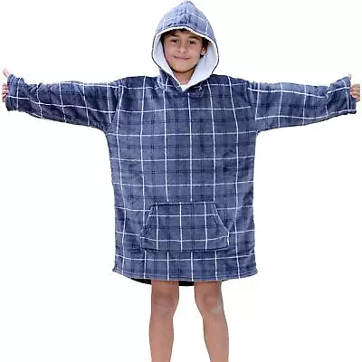 Buy Kids Girls Boys Oversized Hoodie Blue Tartan Printed Snuggle Soft Fleece Blanket • 9.99£